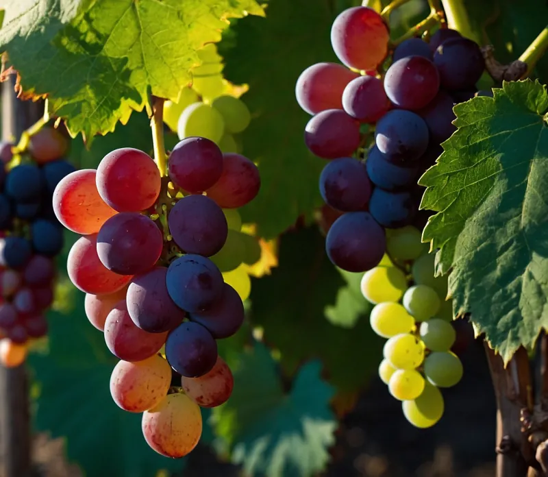 Cluster of red, purple and green grapes hanging on the vine in warm golden light